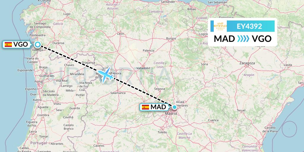 EY4392 Etihad Airways Flight Map: Madrid to Vigo