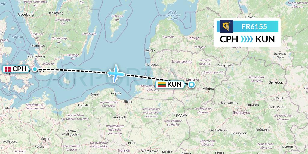 FR6155 Ryanair Flight Map: Copenhagen to Kaunas