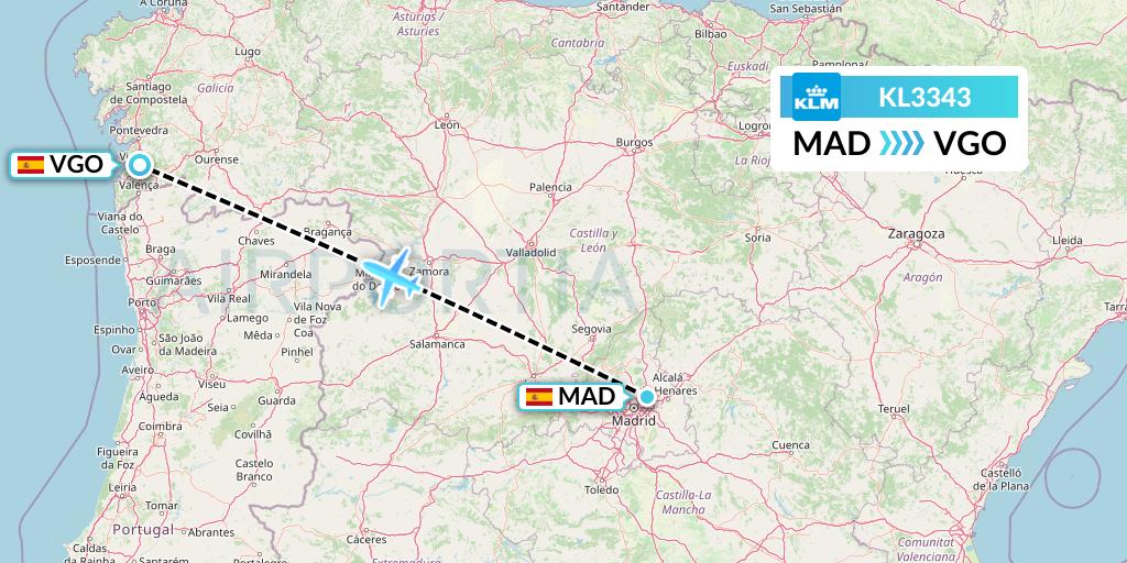KL3343 KLM Flight Map: Madrid to Vigo