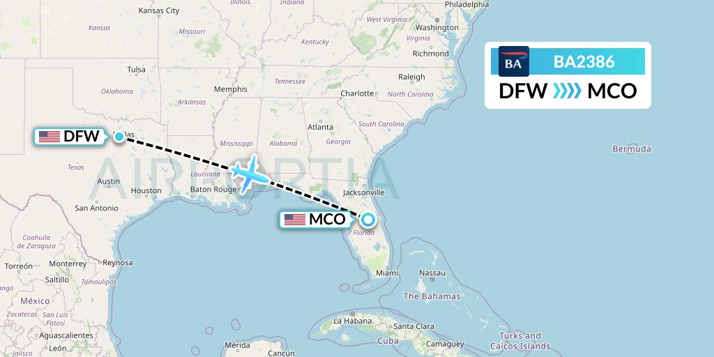 BA2386 British Airways Flight Map: Dallas to Orlando
