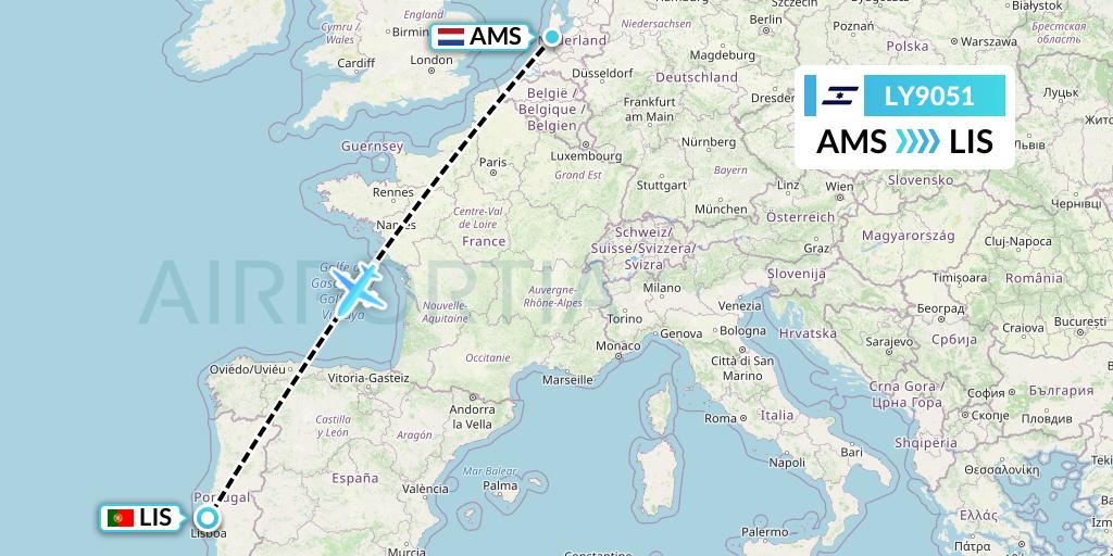LY9051 El Al Flight Map: Amsterdam to Lisbon