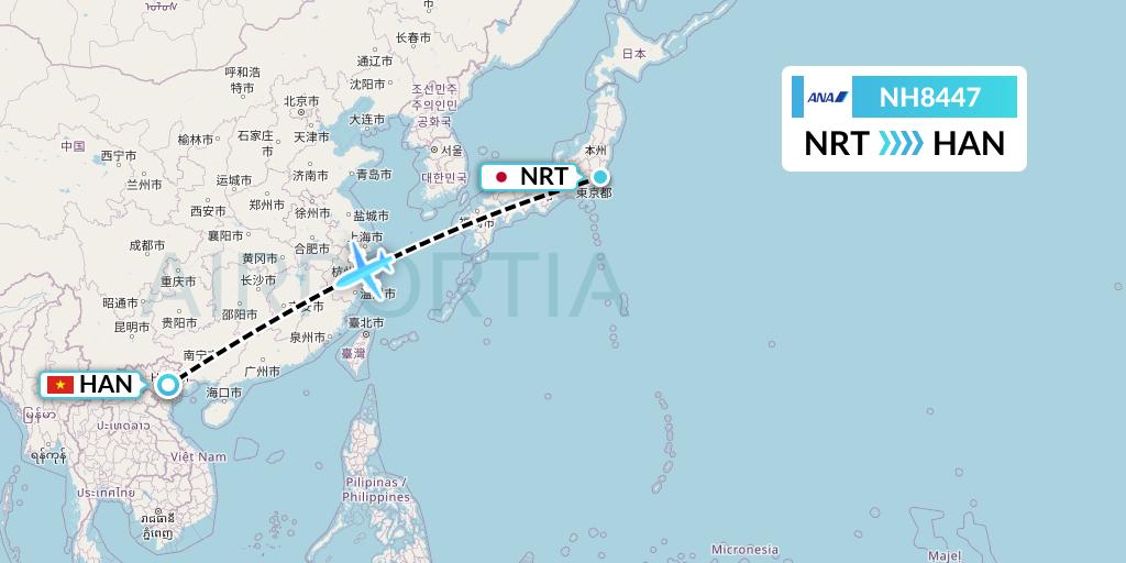 NH8447 All Nippon Airways Flight Map: Tokyo to Hanoi