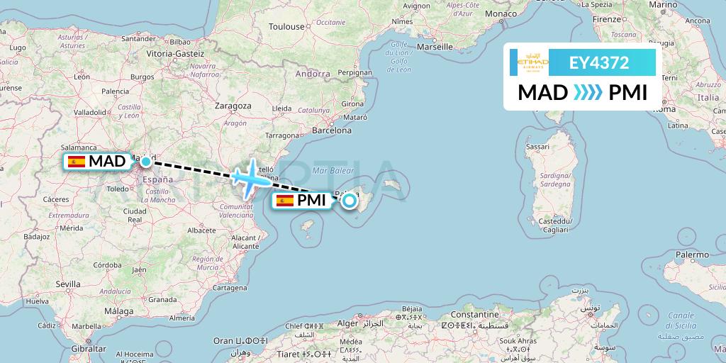 EY4372 Etihad Airways Flight Map: Madrid to Palma de Mallorca