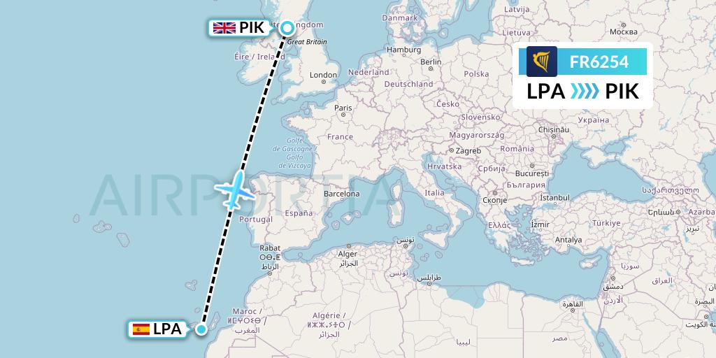 FR6254 Ryanair Flight Map: Las Palmas to Prestwick