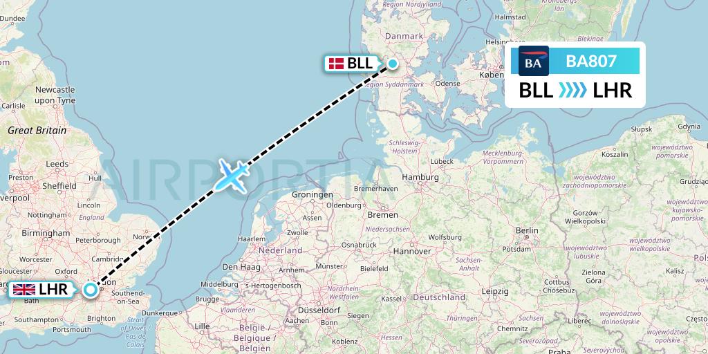 BA807 British Airways Flight Map: Billund to London