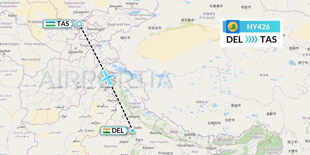 HY426 Uzbekistan Airways Flight Map: Delhi to Tashkent