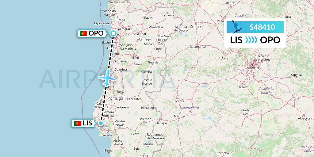 S48410 Azores Airlines Flight Map: Lisbon to Porto