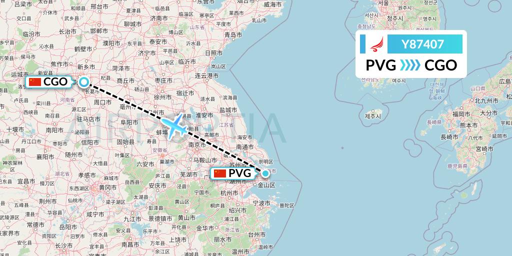 Y87407 Yangtze River Express Flight Map: Shanghai to Zhengzhou