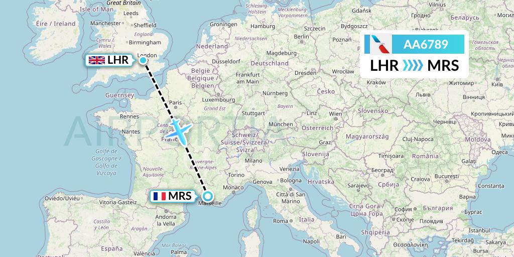 AA6789 American Airlines Flight Map: London to Marseille