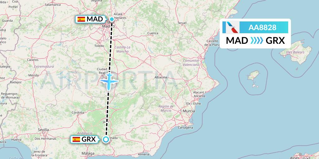 AA8828 American Airlines Flight Map: Madrid to Granada