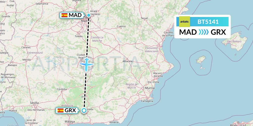 BT5141 Air Baltic Flight Map: Madrid to Granada