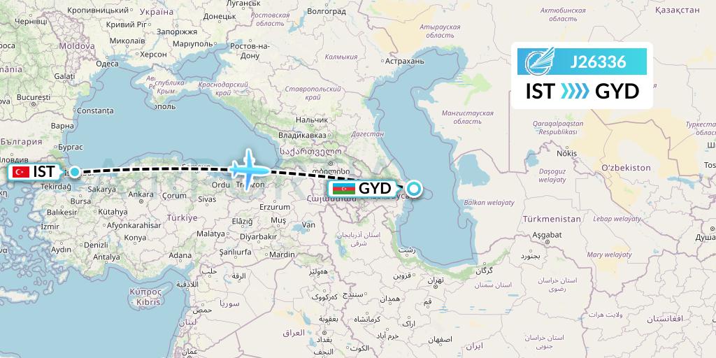 J26336 Azerbaijan Airlines Flight Map: Istanbul to Baku