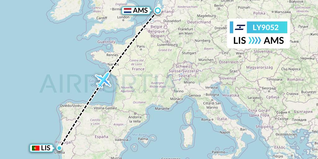 LY9052 El Al Flight Map: Lisbon to Amsterdam