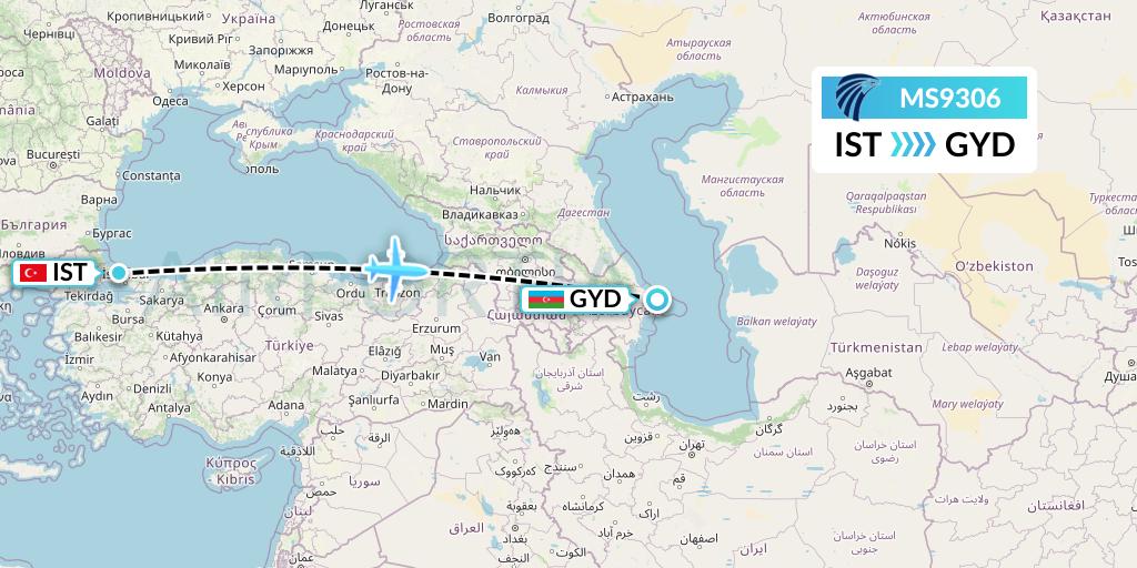 MS9306 EgyptAir Flight Map: Istanbul to Baku