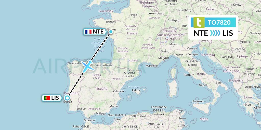 TO7820 Transavia France Flight Map: Nantes to Lisbon