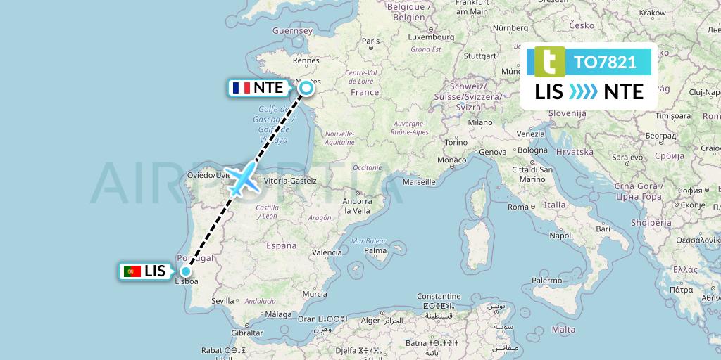 TO7821 Transavia France Flight Map: Lisbon to Nantes