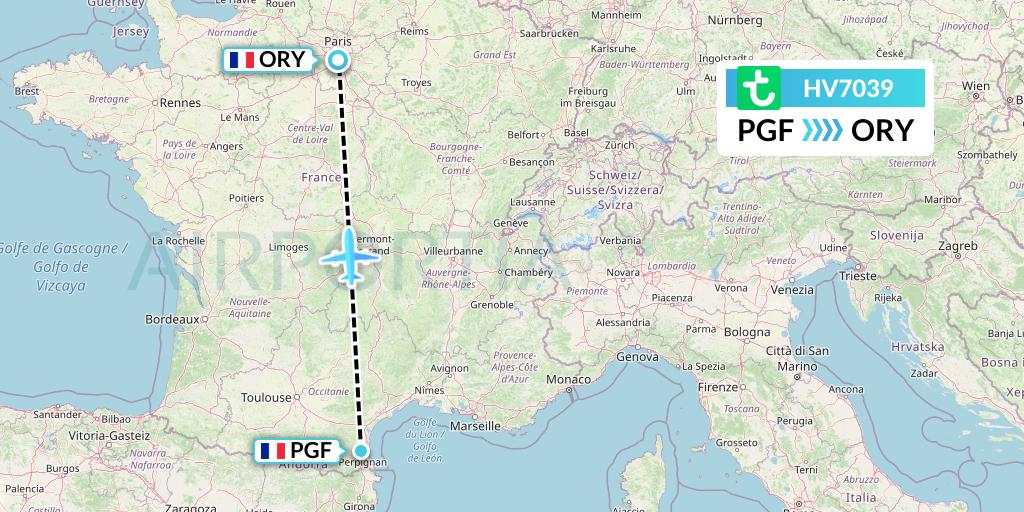 HV7039 Transavia Flight Map: Perpignan to Paris