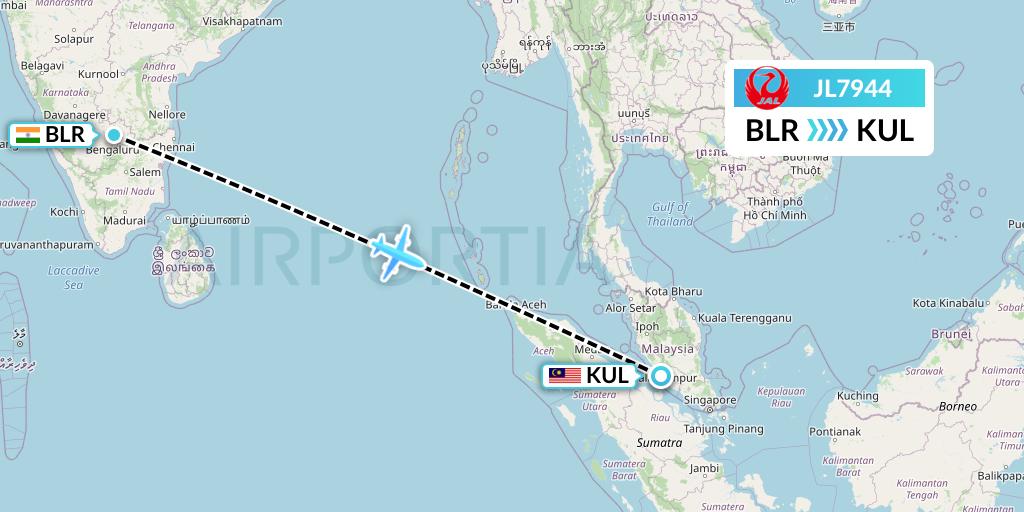 JL7944 Japan Airlines Flight Map: Bangalore to Kuala Lumpur