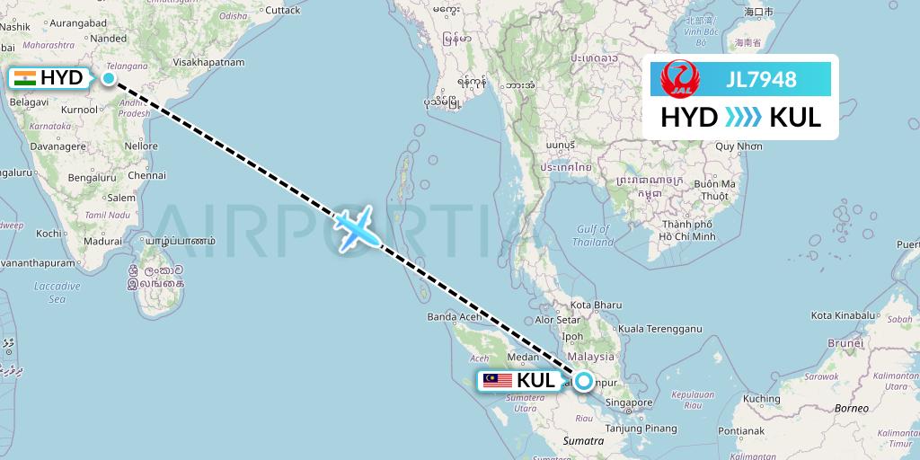 JL7948 Japan Airlines Flight Map: Hyderabad to Kuala Lumpur