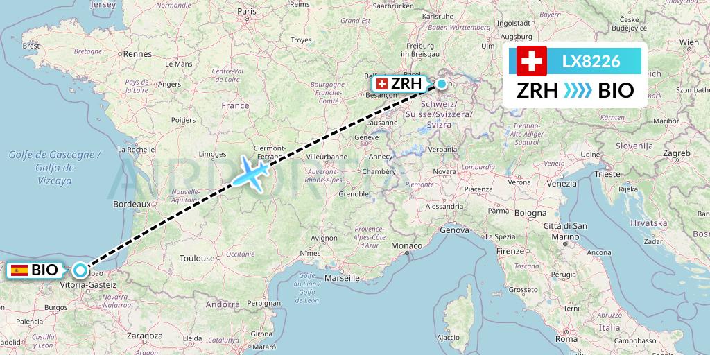 LX8226 Swiss Flight Map: Zurich to Bilbao