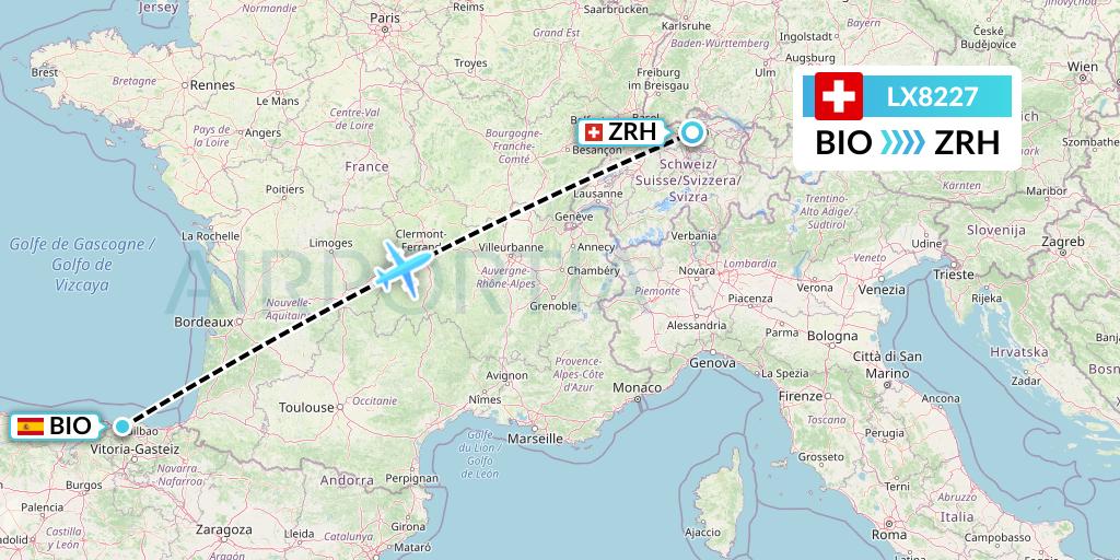 LX8227 Swiss Flight Map: Bilbao to Zurich