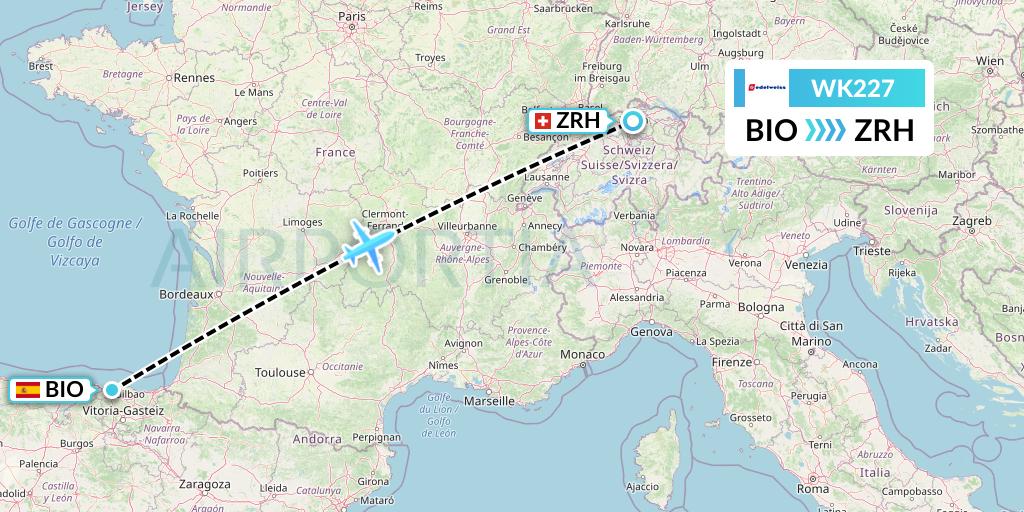 WK227 Edelweiss Air Flight Map: Bilbao to Zurich