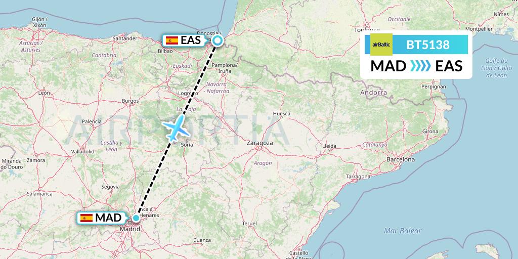 BT5138 Air Baltic Flight Map: Madrid to San Sebastian