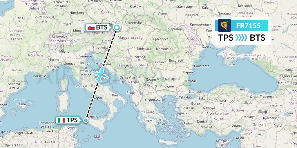 FR7155 Ryanair Flight Map: Trapani to Bratislava