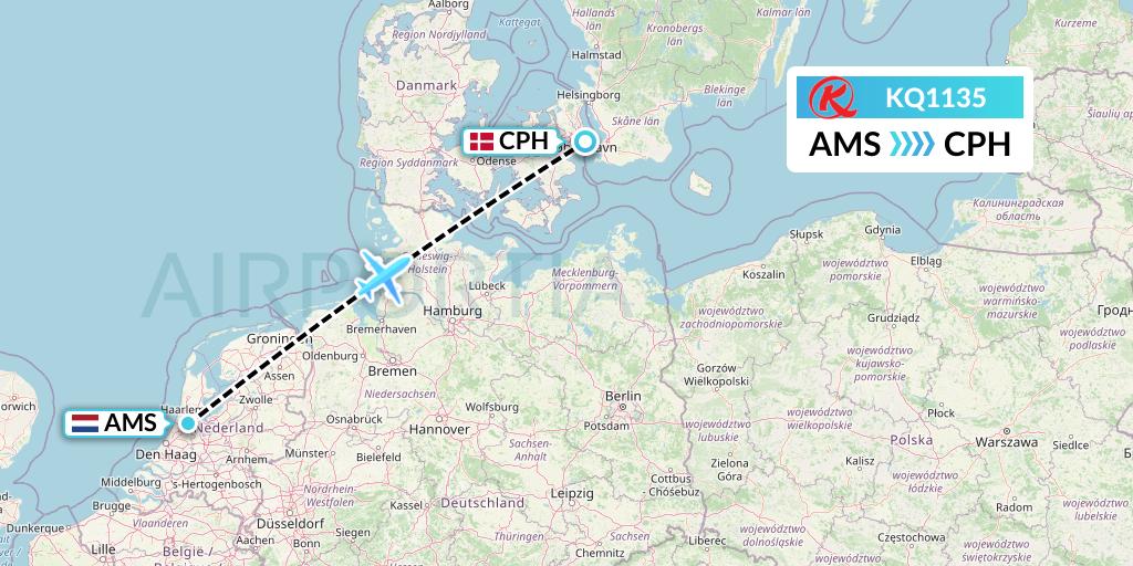 KQ1135 Kenya Airways Flight Map: Amsterdam to Copenhagen