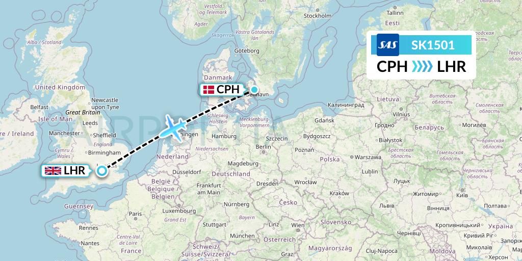 SK1501 SAS Flight Map: Copenhagen to London