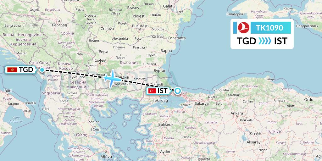 TK1090 Turkish Airlines Flight Map: Podgorica to Istanbul