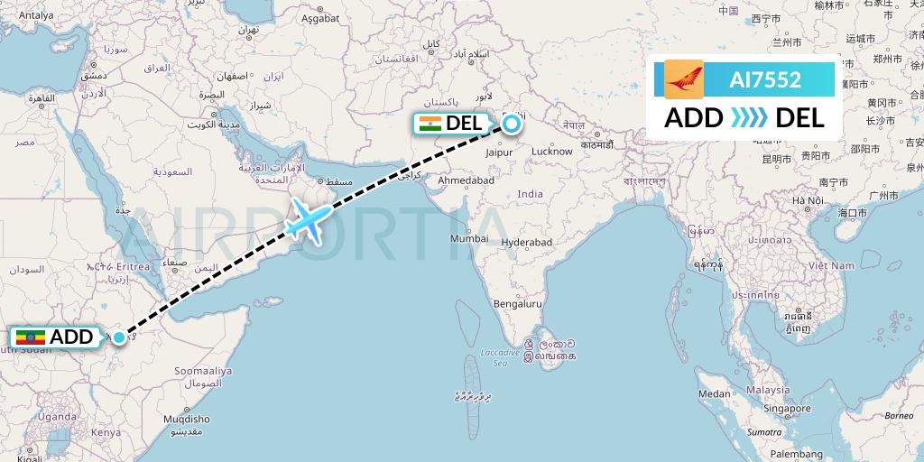 AI7552 Air India Flight Map: Addis Ababa to Delhi