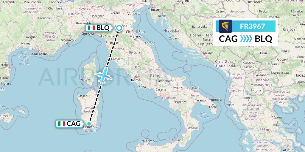 FR3967 Ryanair Flight Map: Cagliari to Bologna