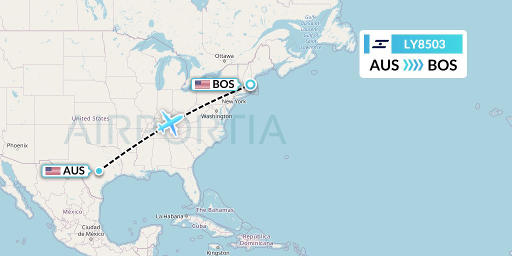 LY8503 El Al Flight Map: Austin to Boston