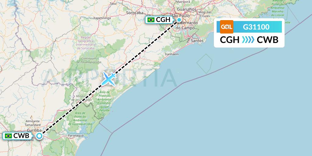 G31100 GOL Transportes Aeros Flight Map: Sao Paulo to Curitiba