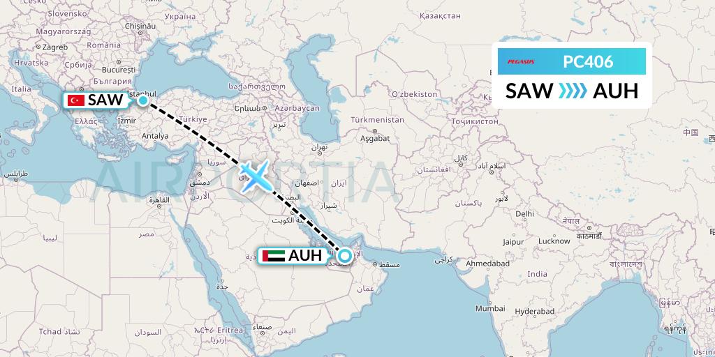 PC406 Pegasus Airlines Flight Map: Istanbul to Abu Dhabi