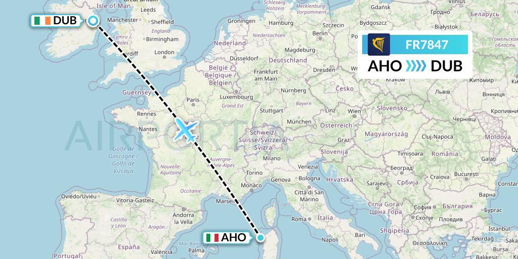 FR7847 Ryanair Flight Map: Alghero to Dublin