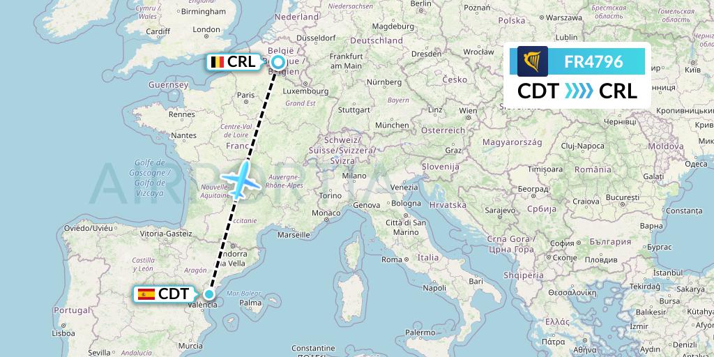 FR4796 Ryanair Flight Map: Castellon de la Plana to Brussels