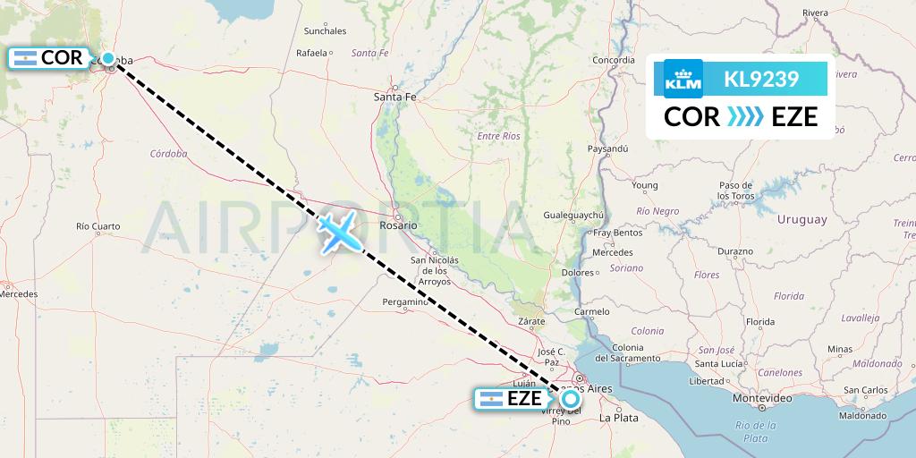 KL9239 KLM Flight Map: Cordoba to Buenos Aires