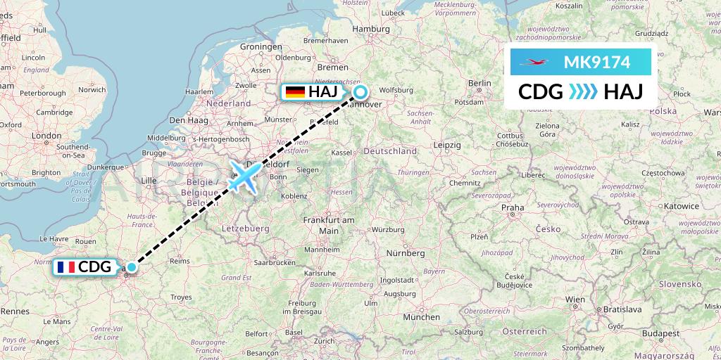 MK9174 Air Mauritius Flight Map: Paris to Hannover