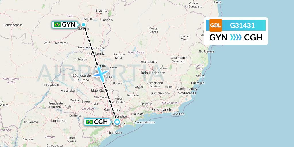 G31431 GOL Transportes Aeros Flight Map: Goiania to Sao Paulo