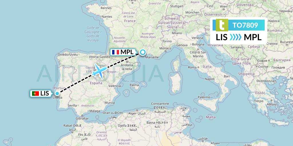 TO7809 Transavia France Flight Map: Lisbon to Montpellier