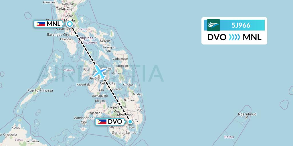 5J966 CEBU Pacific Air Flight Map: Davao City to Manila