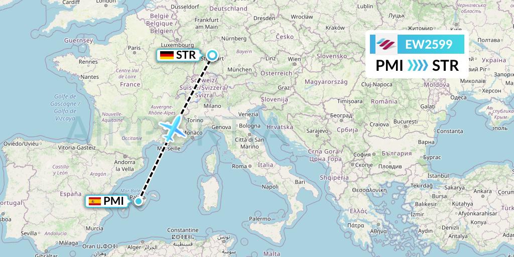 EW2599 Eurowings Flight Map: Palma de Mallorca to Stuttgart