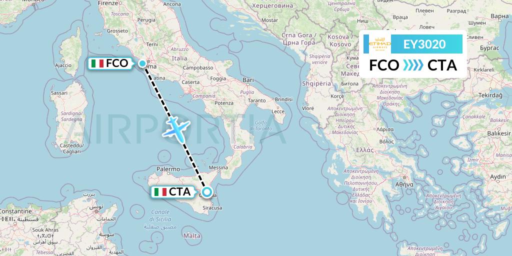 EY3020 Etihad Airways Flight Map: Rome to Catania
