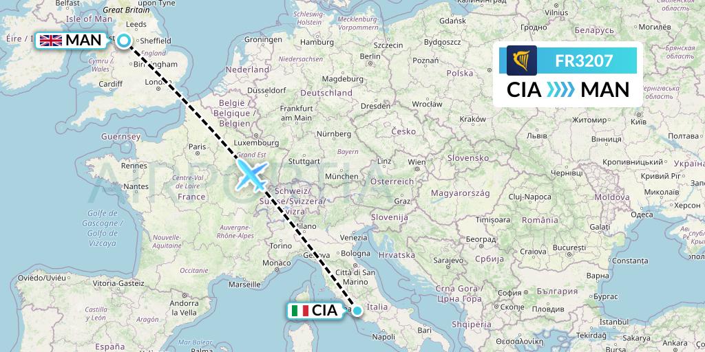 FR3207 Ryanair Flight Map: Rome to Manchester