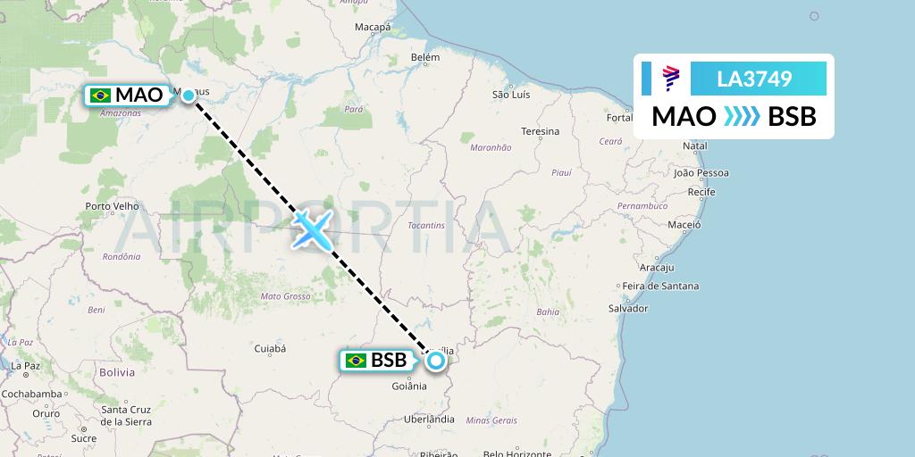LA3749 LAN Airlines Flight Map: Manaus to Brasilia