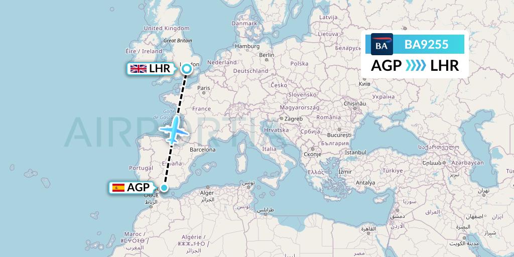 BA9255 British Airways Flight Map: Malaga to London