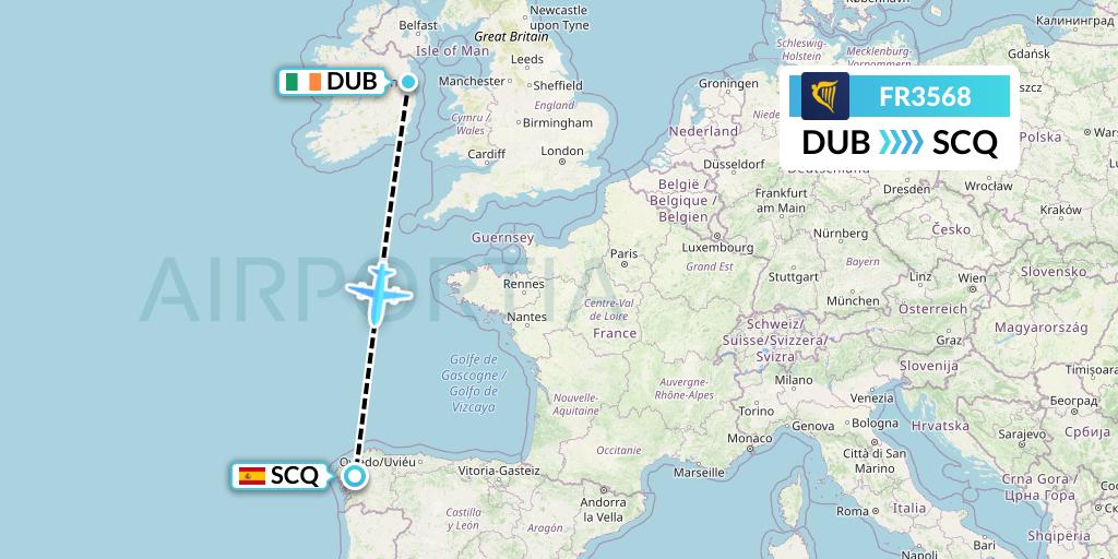 FR3568 Ryanair Flight Map: Dublin to Santiago