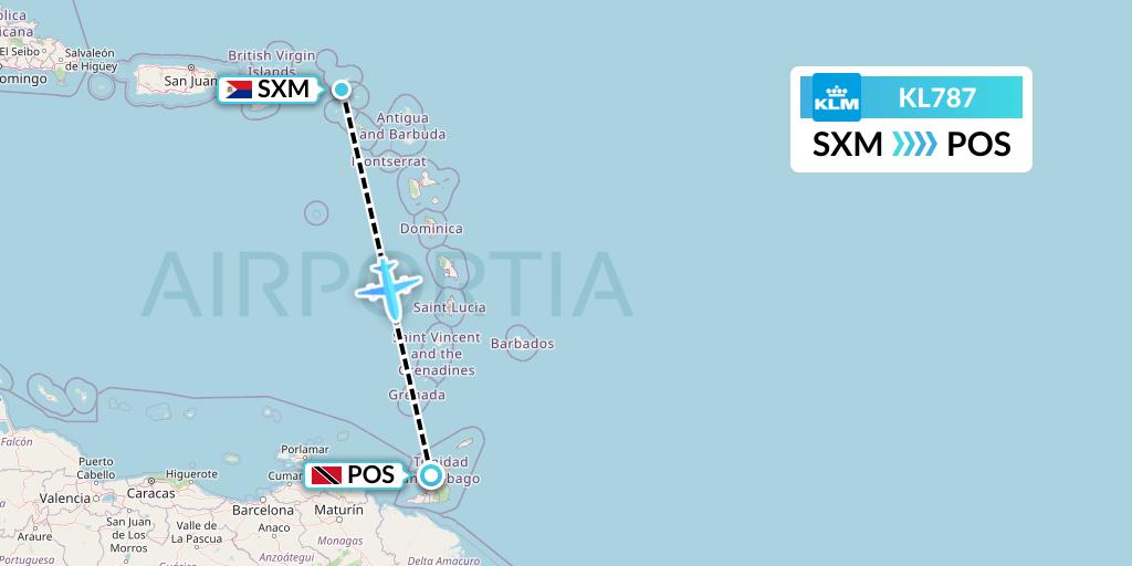 KL787 KLM Flight Map: Sint Maarten to Port of Spain
